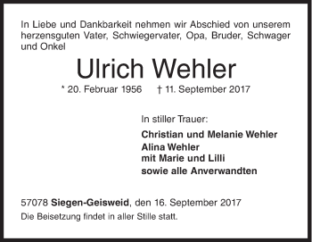 Traueranzeige von Ulrich Wehler von Siegener Zeitung