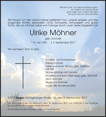 Traueranzeige von Ulrike Möhner von Siegener Zeitung