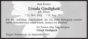 Traueranzeige von Ursula Giedigkeit von Siegener Zeitung
