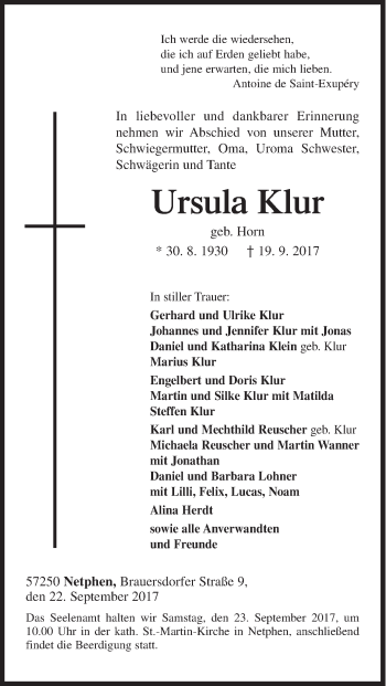 Traueranzeige von Ursula Klur von Siegener Zeitung