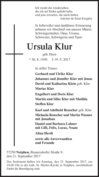 Traueranzeige von Ursula Klur von Siegener Zeitung