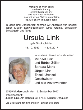 Traueranzeige von Ursula Link von Siegener Zeitung