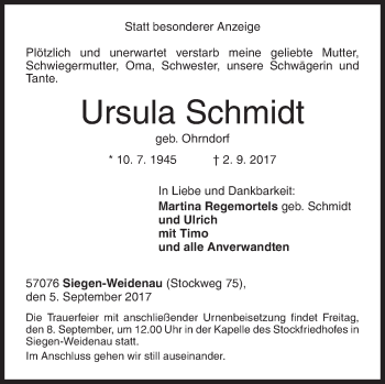 Traueranzeige von Ursula Schmidt von Siegener Zeitung