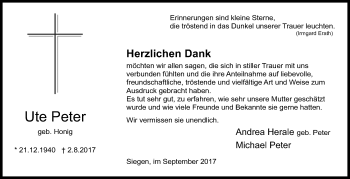 Traueranzeige von Ute Peter von Siegener Zeitung