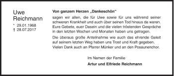 Traueranzeige von Uwe Reichmann von Siegener Zeitung