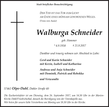 Traueranzeige von Walburga Schneider von Siegener Zeitung