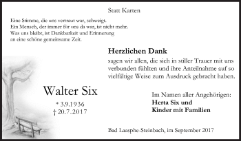 Traueranzeige von Walter Six von Siegener Zeitung