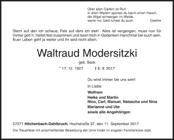 Traueranzeige von Waltraud Modersitzki von Siegener Zeitung
