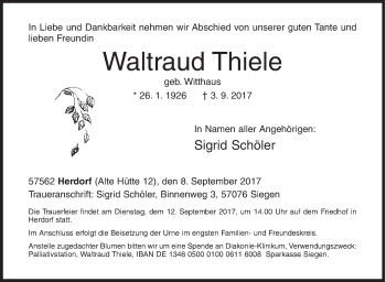 Traueranzeige von Waltraud Thiele von Siegener Zeitung