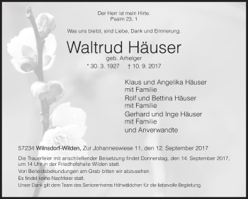 Traueranzeige von Waltrud Häuser von Siegener Zeitung