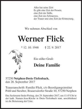 Traueranzeige von Werner Flick von Siegener Zeitung