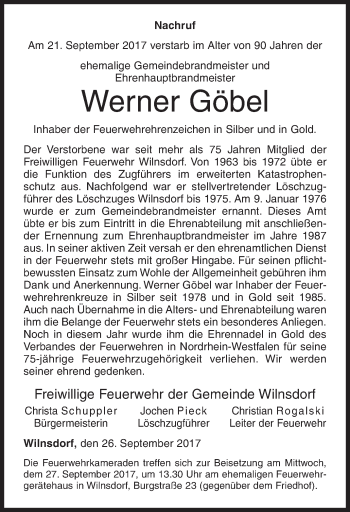 Traueranzeige von Werner Göbel von Siegener Zeitung