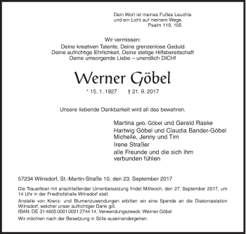 Traueranzeige von Werner Göbel von Siegener Zeitung