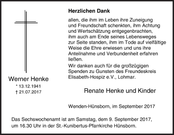 Traueranzeige von Werner Henke von Siegener Zeitung