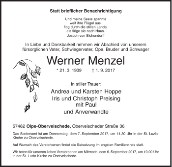 Traueranzeige von Werner Menzel von Siegener Zeitung