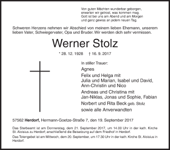 Traueranzeige von Werner Stolz von Siegener Zeitung