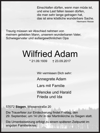 Traueranzeige von Wilfried Adam von Siegener Zeitung