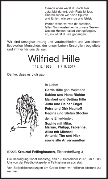 Traueranzeige von Wilfried Hille von Siegener Zeitung