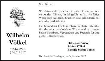 Traueranzeige von Wilhelm Völkel von Siegener Zeitung