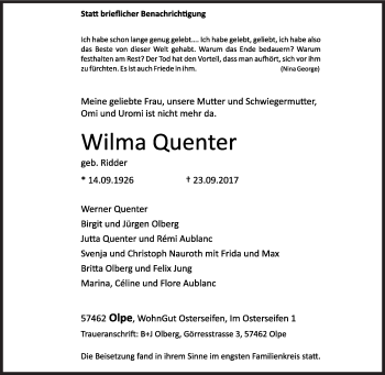 Traueranzeige von Wilma Quenter von Siegener Zeitung
