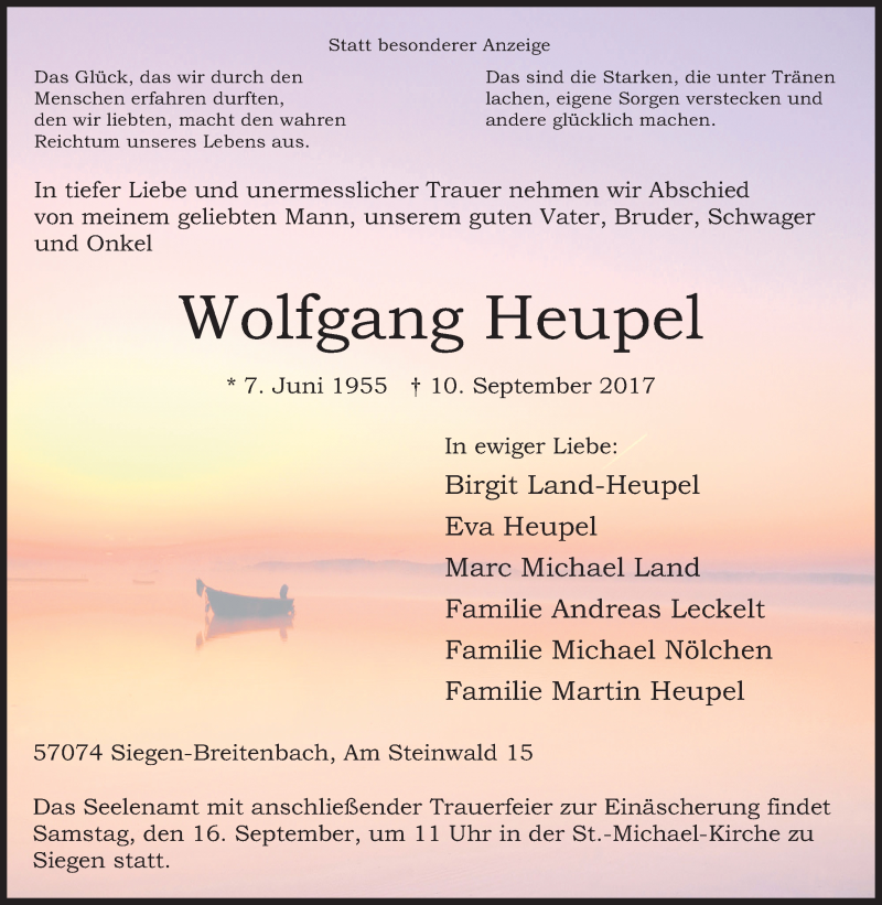  Traueranzeige für Wolfgang Heupel vom 13.09.2017 aus Siegener Zeitung