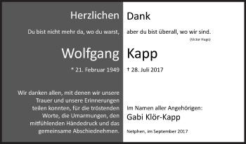 Traueranzeige von Wolfgang Kapp von Siegener Zeitung