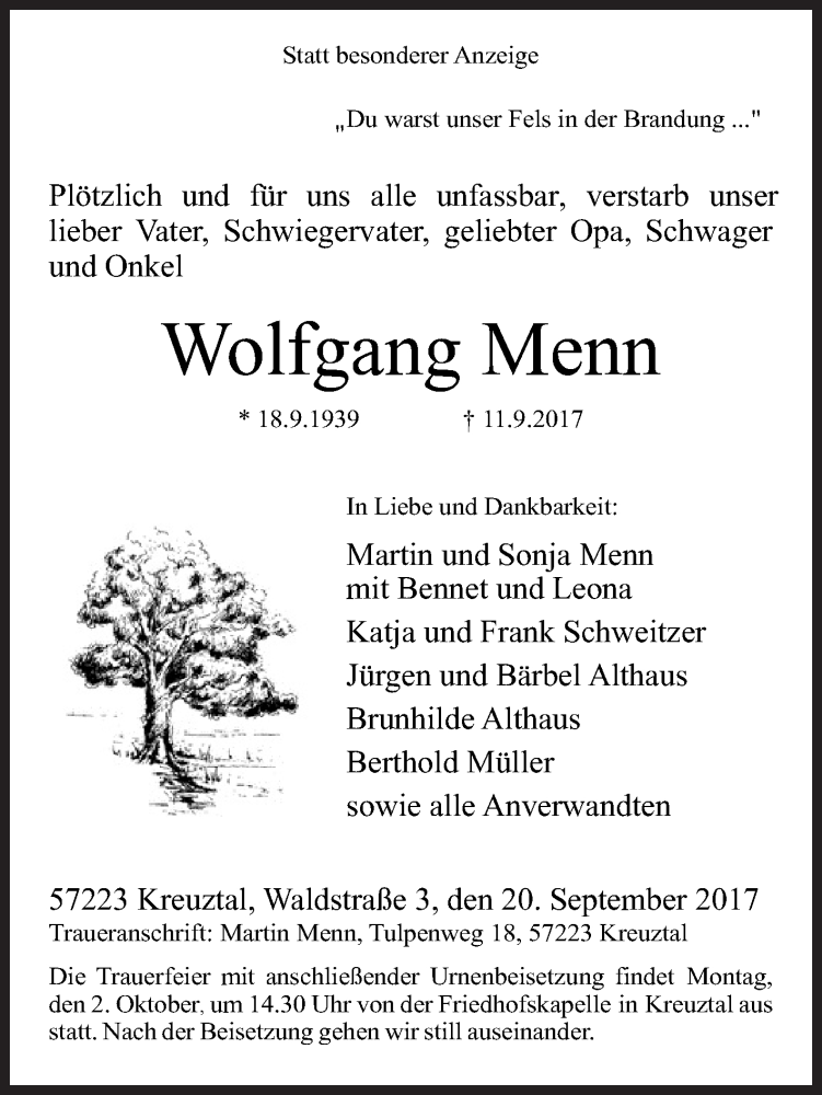  Traueranzeige für Wolfgang Menn vom 20.09.2017 aus Siegener Zeitung
