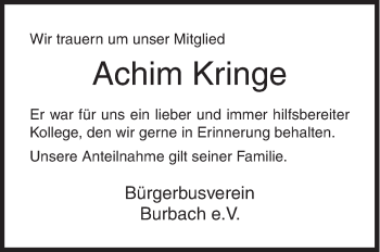 Traueranzeige von Achim Kringe von Siegener Zeitung