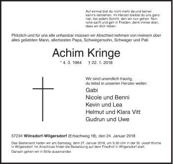 Traueranzeige von Achim Kringe von Siegener Zeitung