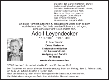 Traueranzeige von Adolf Leyendecker von Siegener Zeitung