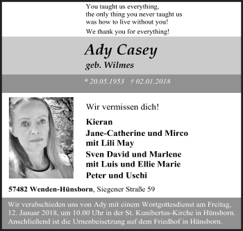 Traueranzeige von Ady Casey von Siegener Zeitung