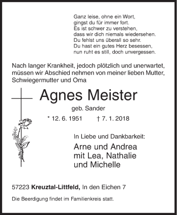 Traueranzeige von Agnes Meister von Siegener Zeitung