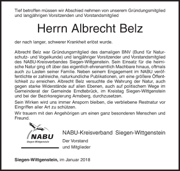 Traueranzeige von Albrecht Belz von Siegener Zeitung