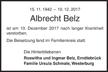 Traueranzeige von Albrecht Belz von Siegener Zeitung