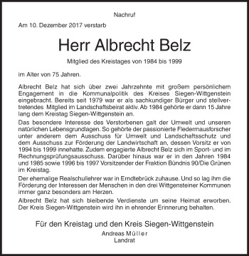 Traueranzeige von Albrecht Belz von Siegener Zeitung