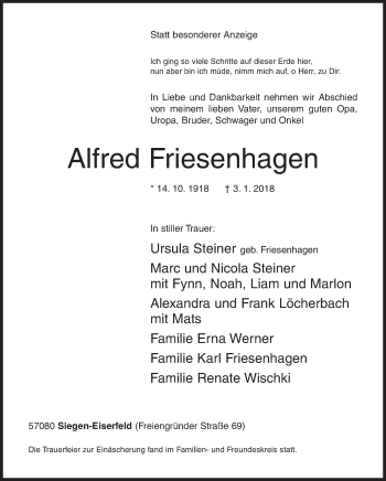 Traueranzeige von Alfred Friesenhagen von Siegener Zeitung