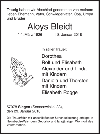 Traueranzeige von Aloys Bleidt von Siegener Zeitung