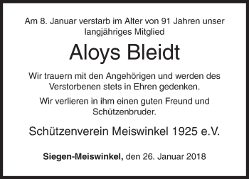 Traueranzeige von Aloys Bleidt von Siegener Zeitung