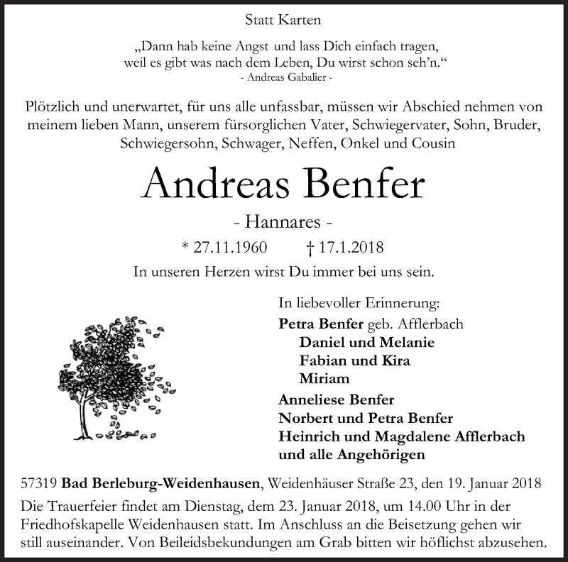  Traueranzeige für Andreas Benfer vom 19.01.2018 aus Siegener Zeitung