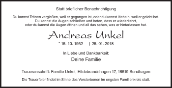 Traueranzeige von Andreas Unkel von Siegener Zeitung
