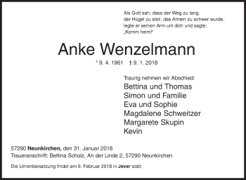 Traueranzeige von Anke Wenzelmann von Siegener Zeitung
