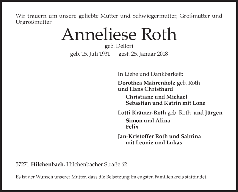  Traueranzeige für Anneliese Roth vom 29.01.2018 aus Siegener Zeitung