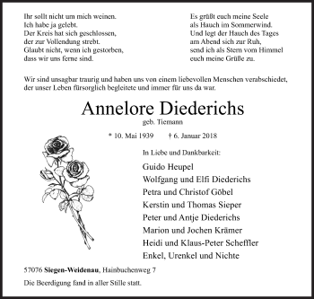 Traueranzeige von Annelore Diederichs von Siegener Zeitung