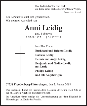 Traueranzeige von Anni Leidig von Siegener Zeitung
