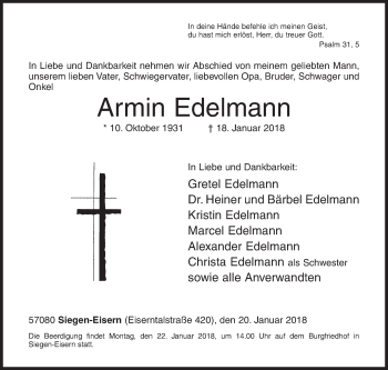 Traueranzeige von Armin Edelmann von Siegener Zeitung