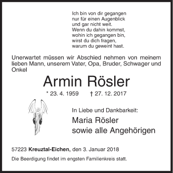 Traueranzeige von Armin Rösler von Siegener Zeitung