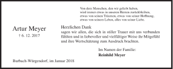 Traueranzeige von Artur Meyer von Siegener Zeitung