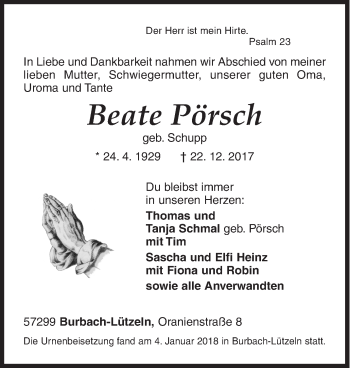 Traueranzeige von Beate Pörsch von Siegener Zeitung
