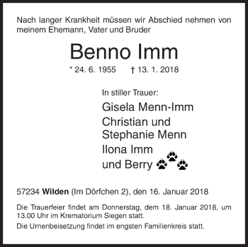Traueranzeige von Benno Imm von Siegener Zeitung