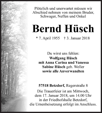 Traueranzeige von Bernd Hüsch von Siegener Zeitung